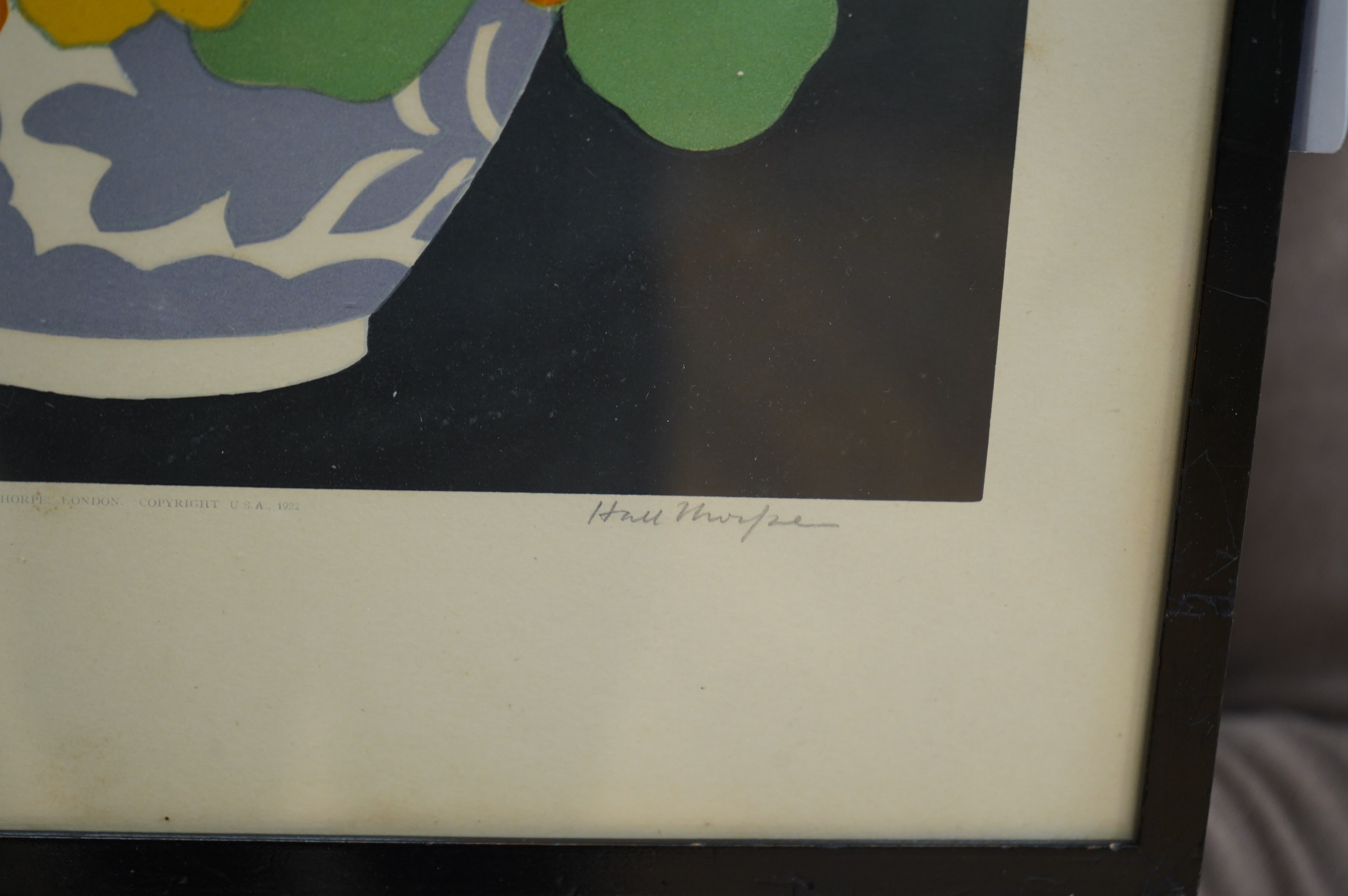 John Hall Thorpe (1874-1947), woodblock engraving, Nasturtiums, signed in pencil and published by Hall Thorpe, London, copyright USA 1922, 32 x 35cm. Condition - fair